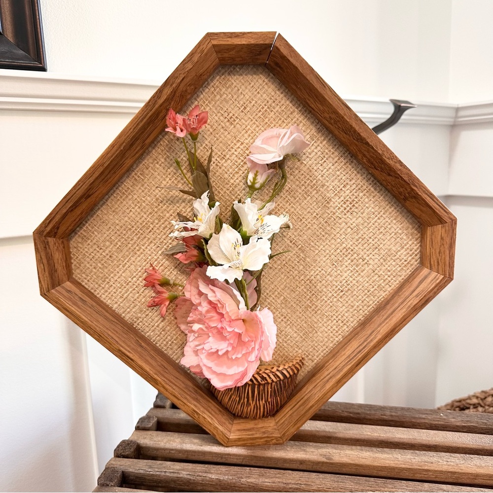Vintage 3D Flower Wall Art Hexagonal Wooden Frame Pink White Floral Arrangement